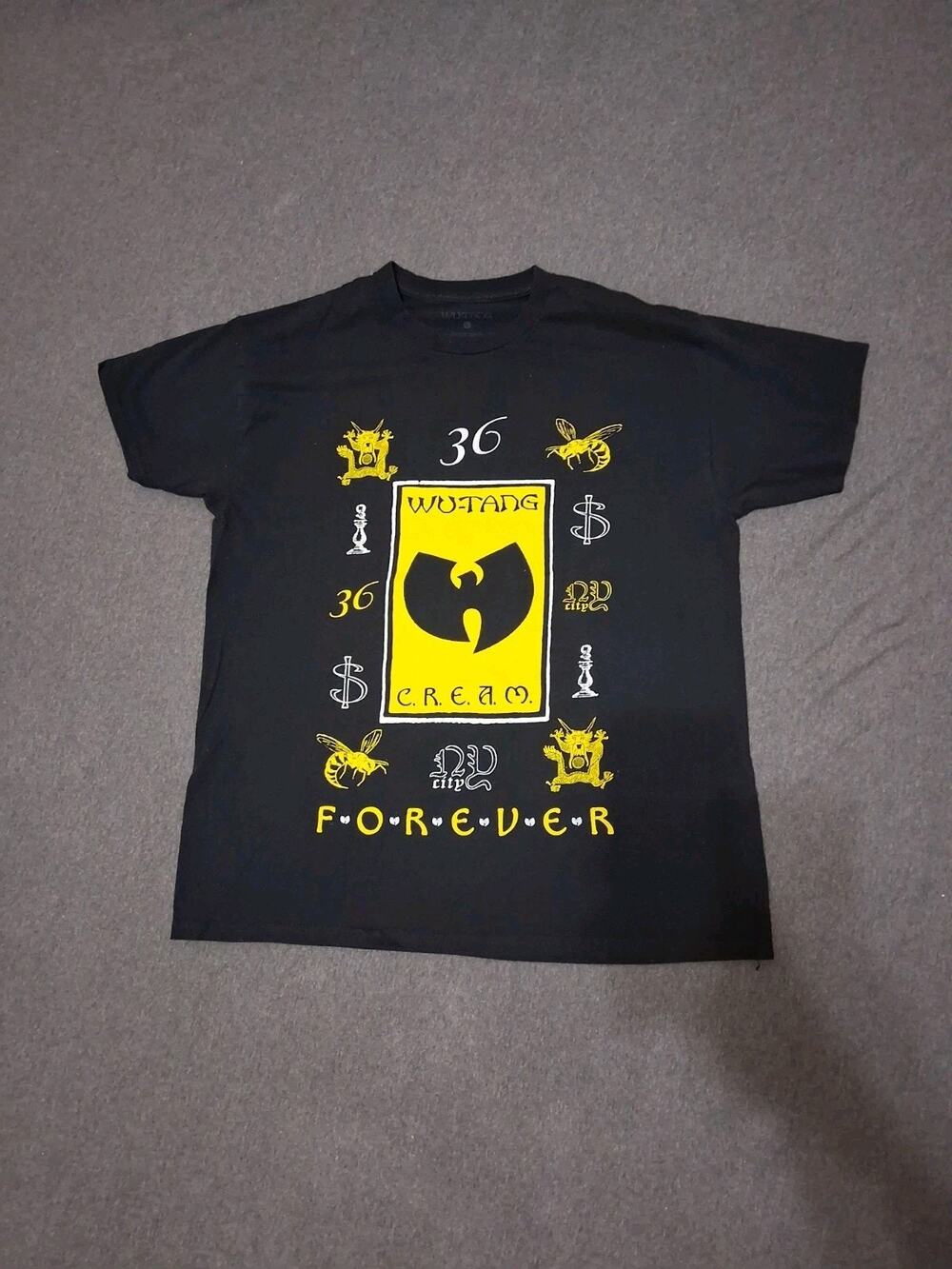 Wu Tang Clan T Shirt Mens Large Black Yellow CREAM 36 Chambers Hip Hop Graphic